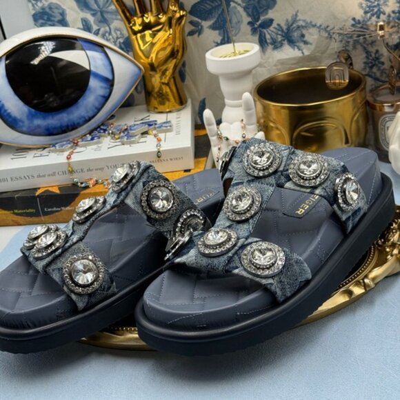 🆕 KURT GEIGER LONDON 🧿 NWOB Orson Crystal Sandal, Denim Wash - Sz EU38.5 US 8 - Picture 8 of 13